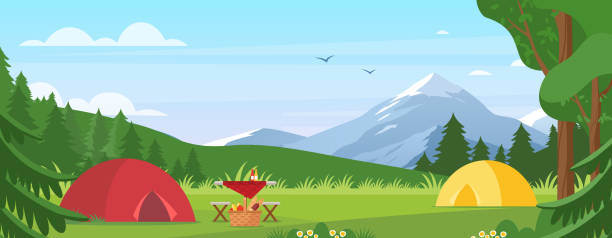 Summer camping vector illustration. Cartoon flat tourist camp with picnic spot and tent among forest, mountain landscape on sunny day. Outdoor nature adventure, active tourism in summertime background. Summer camping vector illustration. Cartoon flat tourist camp with picnic spot and tent among forest, mountain landscape on sunny day. Outdoor nature adventure, active tourism in summertime background hiking backgrounds stock illustrations