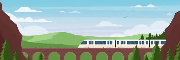 Vector illustration of Train traveling on bridge in summer landscape vector illustration, cartoon flat express electric train travels by rail road, mountain scenery adventure background