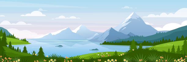 ilustrações, clipart, desenhos animados e ícones de ilustração do vetor da paisagem do lago da montanha, panorama plano de desenho animado da natureza do verão de primavera, prado de pastagens verdes com fundo de flores - cloud horizon spring summer