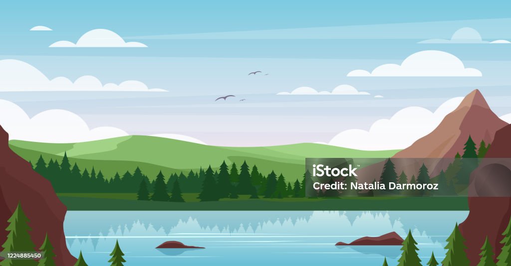 Ilustración de Ilustración Vectorial Del Paisaje Del Lago De Montaña Naturaleza Plana De Verano De Dibujos Animados Pintoresco Paisaje Montañoso Con Aguas Azules Del Lago Fondo De Bosque De Pinos y más Ilustración de Ilustración Vectorial Del Paisaje Del Lago De Montaña Naturaleza Plana De Verano De Dibujos Animados Pintoresco Paisaje Montañoso Con Aguas Azules Del Lago Fondo De Bosque De Pinos y más