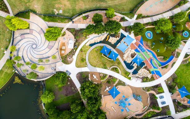 istock Modern Curved Public Park playground drone views straight down 1224885534