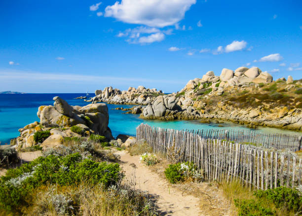 Stunning view of granite reefs and emerald sea of Lavezzi Island, Corsica, France stock photo