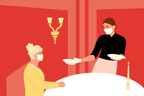 Waitress wearing a mask and gloves and serving the restaurant’s guests. Applying safety measures (Covid-19 or coronavirus). restaurant masks stock illustrations