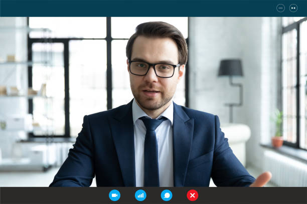 Businessman talking with client by video call, computer screen view Head shot employer lead job interview with applicant laptop screen teleconference app view. Businessman talk with client by video call communicating distantly use modern videoconference and pc concept webcam view man stock pictures, royalty-free photos & images