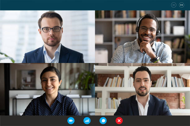 istock Multiracial participants of videoconference online meeting computer webcam screen view 1224889791