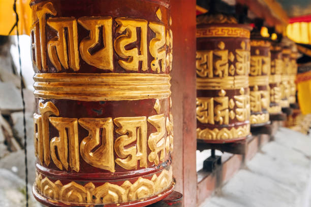 Traditional Ornate Tibetan prayer wheel in Pangboche monastery, Khumbu Valley, Nepal. Traditional Ornate Tibetan prayer wheel in Pangboche monastery, Khumbu Valley, Nepal. dalai lama stock pictures, royalty-free photos & images