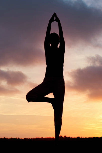 istock Female Yoga Pose Silhouette at Sunset 1224894809