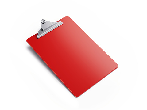 Red clipboard isolated on white background. Horizontal composition with clipping path and copy space. High angle view.