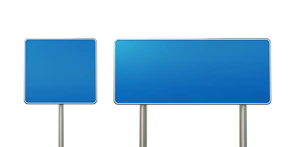 Blank blue off road signs isolated on white background. Horizontal composition with clipping path and copy space.