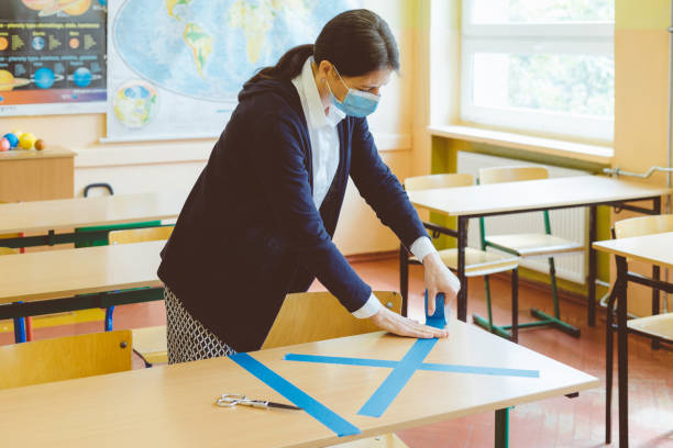 istock Covid-19 The teacher marks empty sits in the classroom 1224901380
