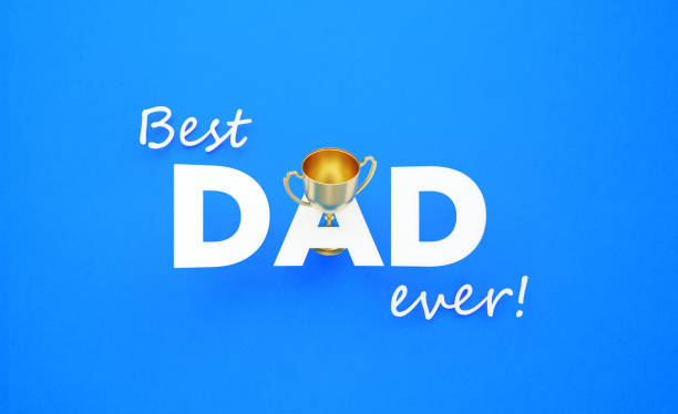 Best Dad Ever written on blue background. A gold trophy is coming out from the letter A. Horizontal composition with copy space. Front view. Father's Day Concept.