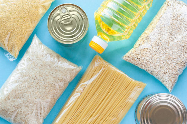 Set of grocery items on blue