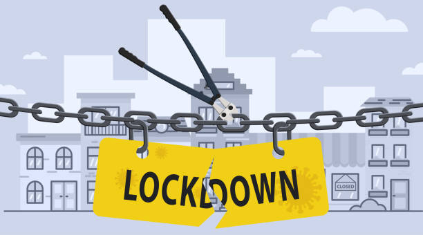 Bolt cutter cutting lockdown chain barrier over city. Stock vector illustration of open lockdown. vector art illustration