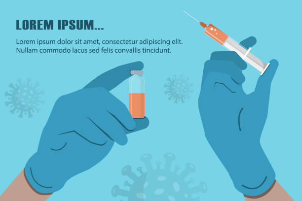 ilustrações, clipart, desenhos animados e ícones de mãos médicas em luvas segurar frasco e seringa com vacina no fundo azul com espaço de cópia. ilustração vetorial de estoque. - injeção insulina luva