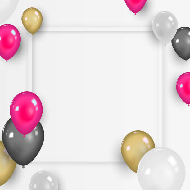istock Colorful balloons on white blank space with frame. Festive party background or birtday concept. 1224916346