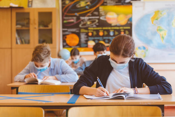 istock High school students at school, wearing N95 Face masks. 1224919869