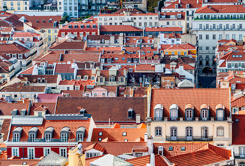 A birds eye view of rooftops in Lisbon Portugal