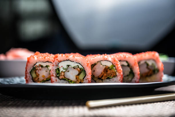 istock ROSADO sushi maki rolls with prawns, spicy carrots 1224921786