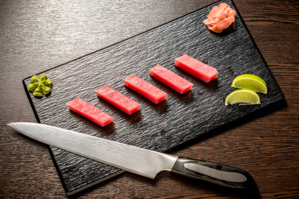 istock Fresh raw red tuna sliced in perfect shapes 1224922552