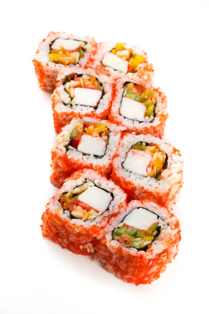 istock Sushi maki rolls with masago caviar around them 1224923822