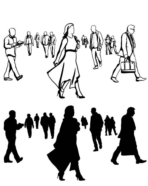 büroangestellte außerhalb der silhouette - rush hour commuter shadow focus on shadow stock-grafiken, -clipart, -cartoons und -symbole