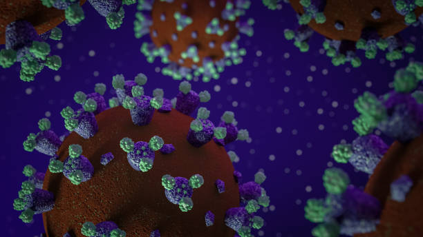 istock Multiple 3D modeled and rendered COVID-19 novel coronavirus virus microscopic spores or spikey red purple and green spheres with dust particles floating in a dark purple or blue background. 1224936678