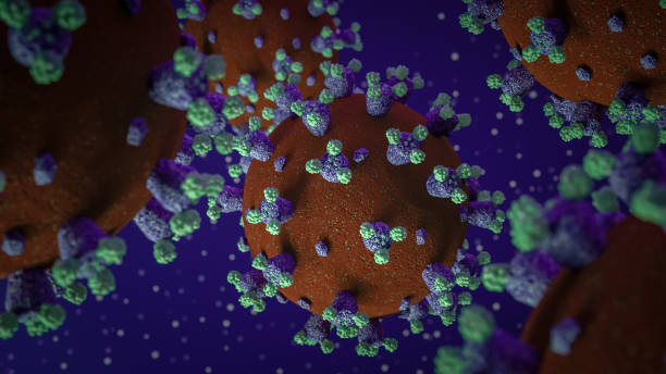 istock Multiple 3D modeled and rendered COVID-19 novel coronavirus virus microscopic spores or spikey red purple and green spheres with dust particles floating in a dark purple or blue background. 1224936680