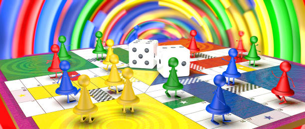 istock Red, blue, yellow and green board game chips walking on the board with two dice in the middle on a background of unfocused colored circles. 3D Illustration 1224937406