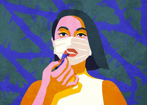 Young woman influencer, beauty blogger doing a makeup tutorial, applying lipstick over a medical face mask. Boredom, feeling isolated and trapped, nowhere to go. Living as an introvert, being alone. Stylish modern vector illustration, hand drawn elements. Perfect for editorial, blog or magazine article.