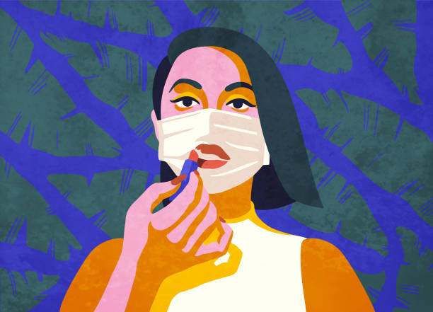 Continuing her beauty regiment while staying at home. Concept of self care and makeup routine in the age of isolation and social distancing. Young woman influencer, beauty blogger doing a makeup tutorial, applying lipstick over a medical face mask. Boredom, feeling isolated and trapped, nowhere to go. Living as an introvert, being alone. Stylish modern vector illustration, hand drawn elements. Perfect for editorial, blog or magazine article. editorial stock illustrations