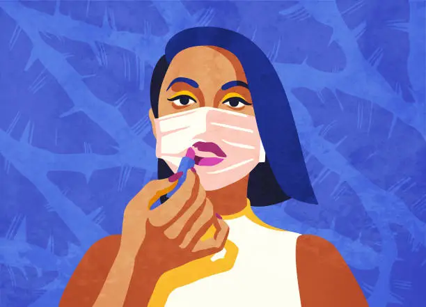 Vector illustration of Continuing her beauty regiment while staying at home. Concept of self care and makeup routine in the age of isolation and social distancing.