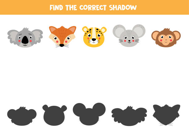 Find the right shadow of cute cartoon animals. Find the correct shadow of cute cartoon animal faces. Set of wildlife animals. Educational matching game for kids. Worksheet for preschoolers. Vector illustration. puzzle silhouettes stock illustrations