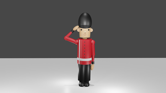 The 3D Toy British soldier, dressed in formal uniform, was standing to pay his respects in a dignified manner. front view shooting.