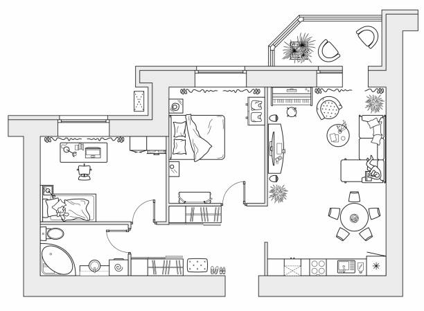 illustrations, cliparts, dessins animés et icônes de planification de l’appartement avec mobilier d’arrangement. dessin architectural de la maison (vue supérieure). plan d’étage de conception intérieure d’en haut. vecteur - viewpoint