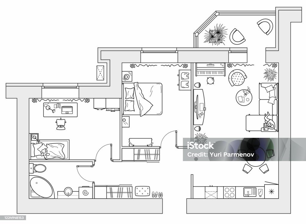 Pianificazione dell'appartamento con mobili di sistemazione. Disegno architettonico della casa (vista dall'alto). Pianta del pavimento di interior design dall'alto. Vettore - arte vettoriale royalty-free di Progetto