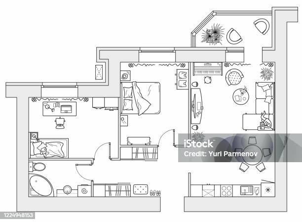 Pianificazione Dellappartamento Con Mobili Di Sistemazione Disegno Architettonico Della Casa Pianta Del Pavimento Di Interior Design Dallalto Vettore - Immagini vettoriali stock e altre immagini di Progetto