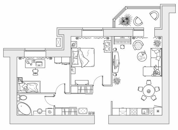 Planning of the apartment with arrangement furniture. Architectural drawing of the house (top view). Interior design  floor plan from above. Vector Floor plan from above. Planning of the apartment with arrangement furniture. Architectural drawing of the house (top view). Interior design. Vector layout blueprint symbols stock illustrations