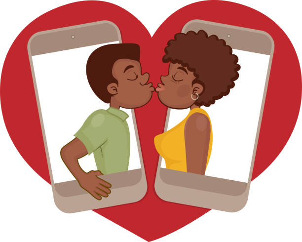 Afro couple dating by video conference Young couple dating on the internet kissing on the mouth stock illustrations