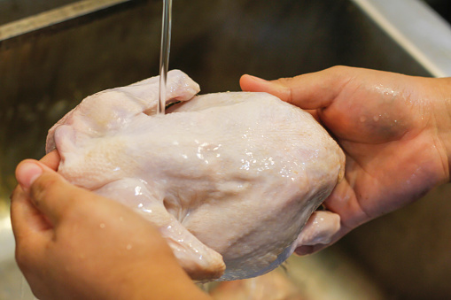 Close up Asian woman washing raw chicken before cooking at home, during Coronavirus lockdown