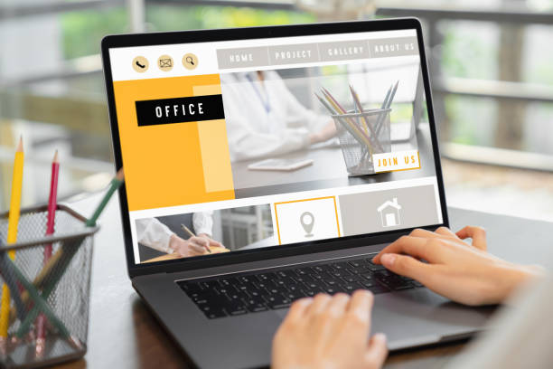 business woman using website on digital laptop on desk.