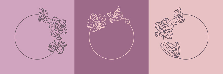 Set of orchid flower round wreath and monogram concept in minimal linear style. Vector floral logo with copy space for letter or text. Emblem for Cosmetics, Medicines, Food, Fashion, Beauty