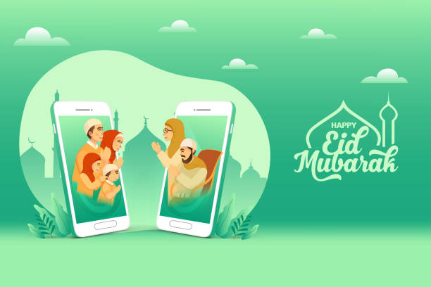 illustrazioni stock, clip art, cartoni animati e icone di tendenza di biglietto d'auguri di eid mubarak. la famiglia musulmana benedice eid mubarak ai nonni attraverso schermi di smartphone utilizzando la videochiamata durante la pandemia di covid-19 - islam women men arabia