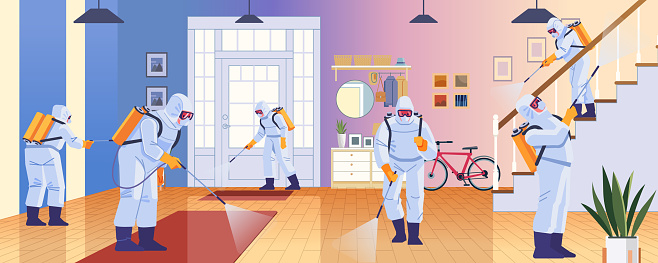 Home disinfection by cleaning service. Prevention controlling epidemic of coronavirus covid-2019. Worker in chemical protection disinfects the house. Cartoon style vector illustration design