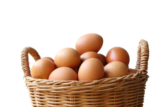 Photo of Close up of Eggs in the basket isolated on white background