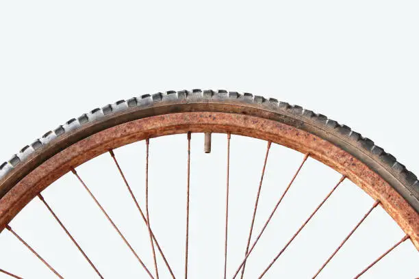 Old bicycle wheels rusted object isolated on white background