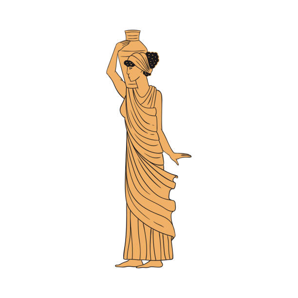 그녀의 어깨에 꽃병을 들고 고대 그리스에서 노란색 여자 - amphora ancient past greece stock illustrations