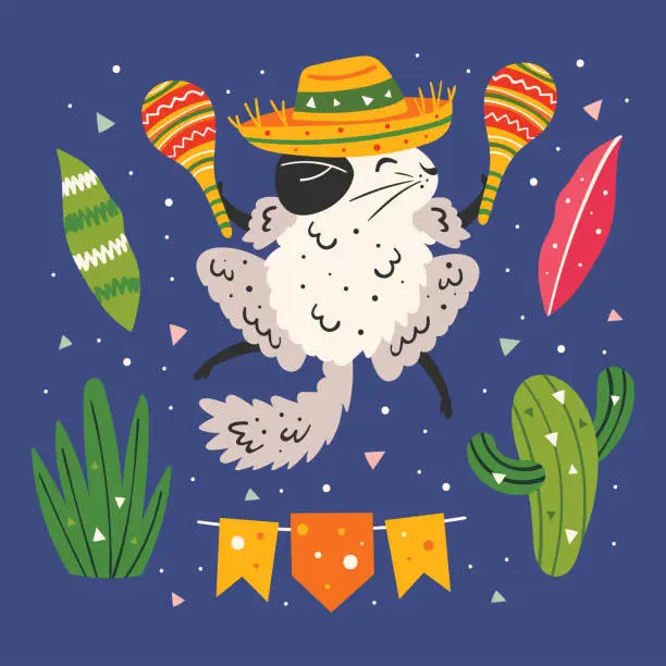 Vector illustration of Mexico clip art. Little cute chinchilla in sombrero with maracas, cactus, gras and flags. Mexican party. Latin America holiday. Flat colourful vector illustration, set, sticker isolated on background.