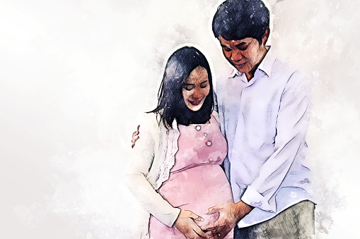 Abstract colorful pregnant woman with husband and hug on white background on watercolor illustration painting background.