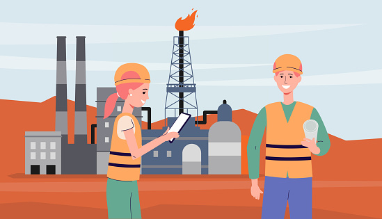 Cartoon Engineer People At Oil Drilling Site With Rig And Industrial  Building Stock Illustration - Download Image Now - iStock