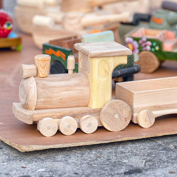 Toy train made of wood. Selective focus